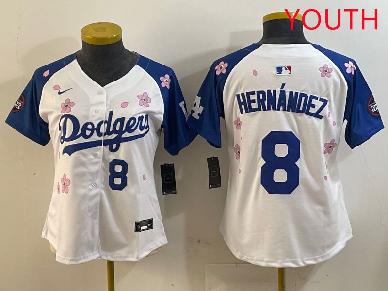 Youth Los Angeles Dodgers #8 Hernandez White Blue Sakura Edition 2025 Nike MLB Jersey style 7->youth mlb jersey->Youth Jersey